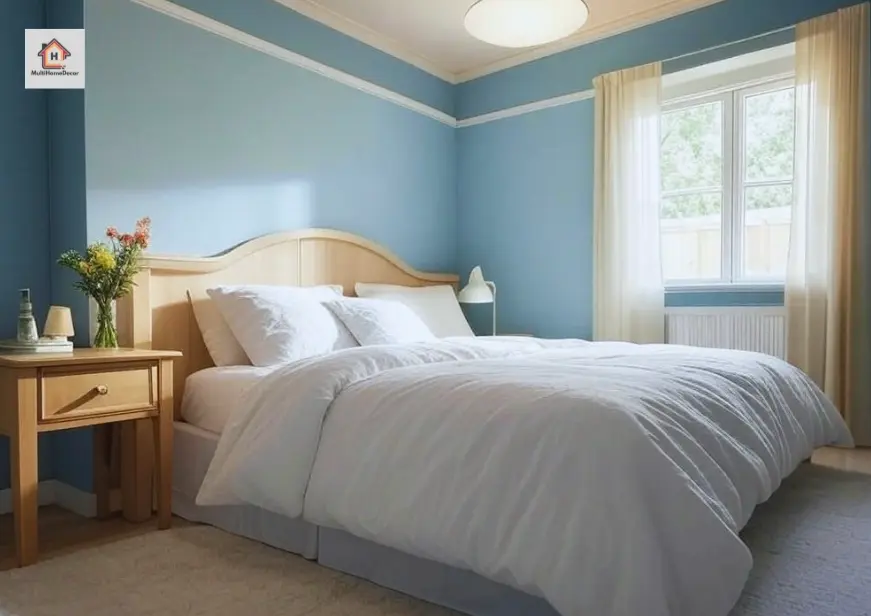 Cozy bedroom with blue walls, wooden furniture, and white bedding.